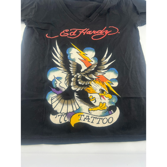 Ed Hardy Shirt Womens Medium Black Pullover Short Sleeve Y2k Vtg Alternative - Picture 6 of 7